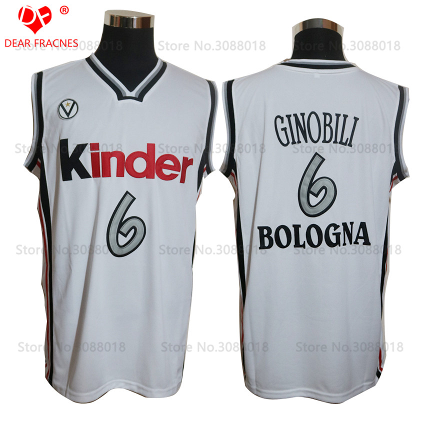 Camiseta De Baloncesto Manu Ginobili Jersey #6 Virtus Kinder Bologna European Mens Throwback Basketball Jersey Stitched White