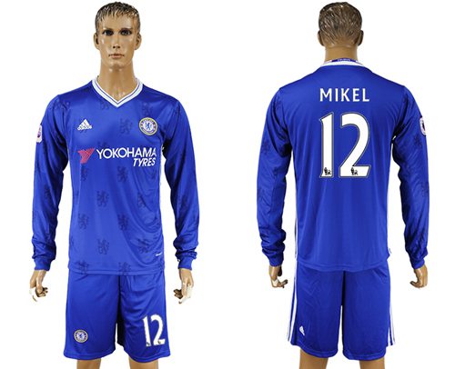 Chelsea 12 Mikel Home Long Sleeves Soccer Club Jersey