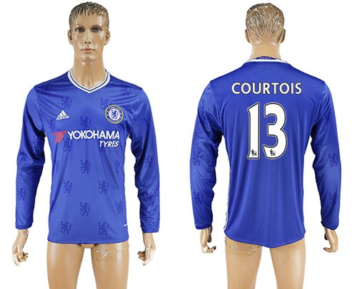 Chelsea 13 Courtois Home Long Sleeves Soccer Club Jersey