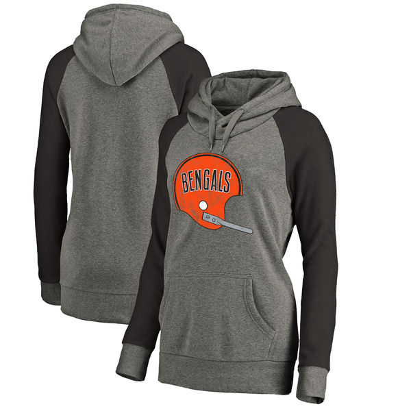 Cincinnati Bengals NFL Pro Line by Fanatics Branded Women's Throwback Logo Tri Blend Raglan Plus Size Pullover Hoodie Gray Black