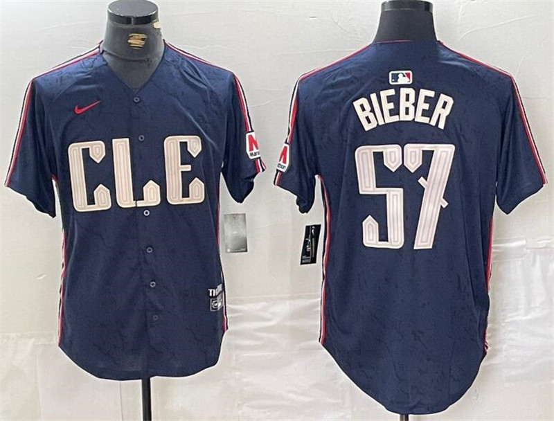 Cleveland Guardians 57 Shane Bieber Navy Nike 2024 City Connect Cool Base Jersey
