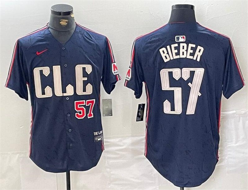 Cleveland Guardians 57 Shane Bieber Number Navy Nike 2024 City Connect Cool Base Jersey