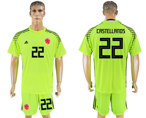 Colombia 22 CASTELLANOS Fluorescent Green Goalkeeper 2018 FIFA World Cup Soccer Jersey