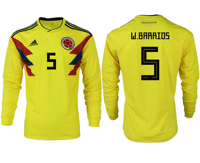 Colombia 5 W. BARRIOS Home 2018 FIFA World Cup Long Sleeve Thailand Soccer Jersey