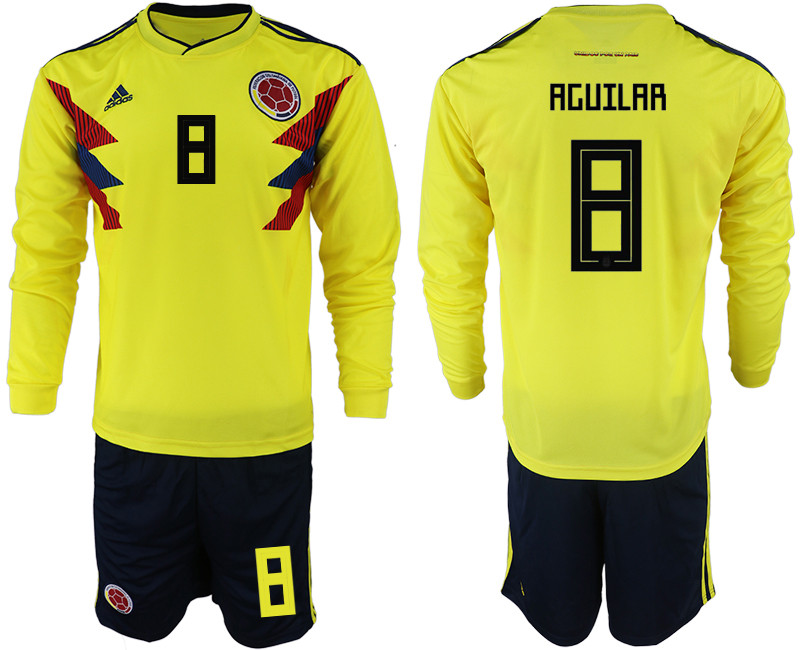 Colombia 8 AGUILAR Home 2018 FIFA World Cup Long Sleeve Soccer Jersey