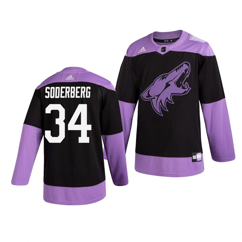 Coyotes 34 Carl Soderberg Black Purple Hockey Fights Cancer Adidas Jersey