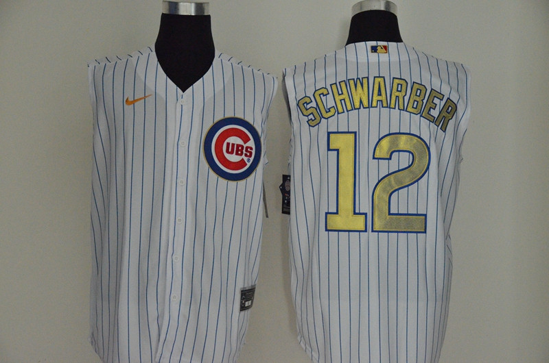 Cubs 12 Kyle Schwarber White Gold Nike Cool Base Sleeveless Jersey