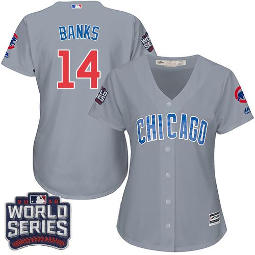 Cubs 14 Ernie Banks Grey Road 2016 World Series Bound Women Stitched MLB Jersey