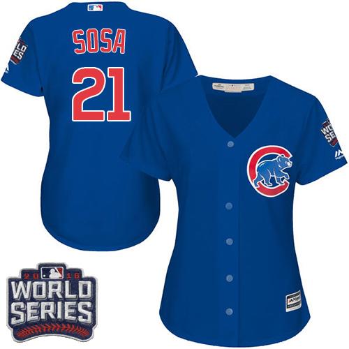 Cubs 21 Sammy Sosa Blue Alternate 2016 World Series Bound Women Stitched MLB Jersey