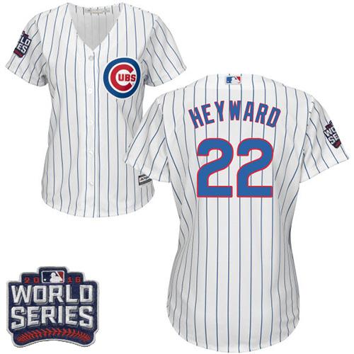 Cubs 22 Jason Heyward White Blue Strip Home 2016 World Series Bound Women Stitched MLB Jersey