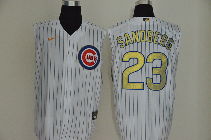 Cubs 23 Ryne Sandberg White Gold Nike Cool Base Sleeveless Jersey