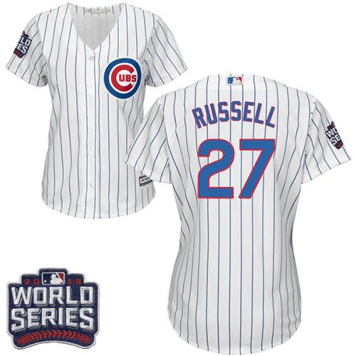 Cubs 27 Addison Russell White Blue Strip Home 2016 World Series Bound Women Stitched MLB Jersey