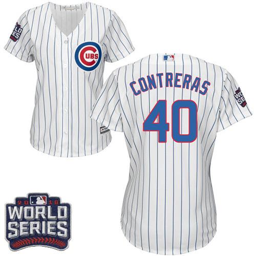 Cubs 40 Willson Contreras White Blue Strip Home 2016 World Series Bound Women Stitched MLB Jersey