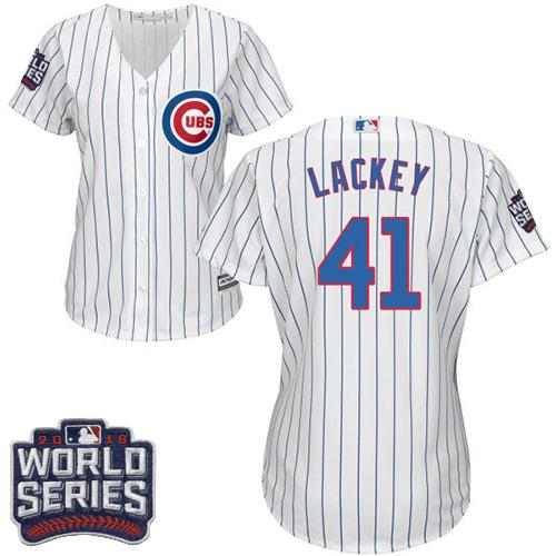 Cubs 41 John Lackey White Blue Strip Home 2016 World Series Bound Women Stitched MLB Jersey