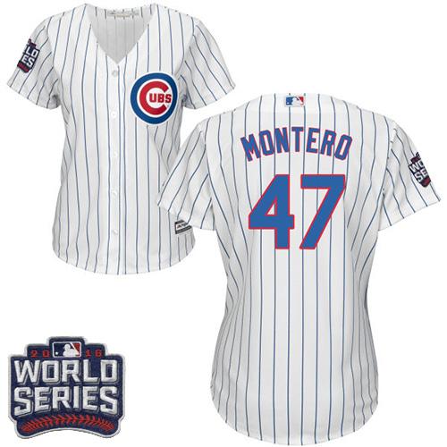 Cubs 47 Miguel Montero White Blue Strip Home 2016 World Series Bound Women Stitched MLB Jersey