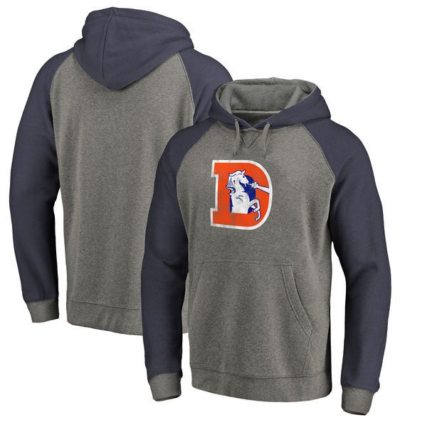 Denver Broncos NFL Pro Line by Fanatics Branded Throwback Logo Tri Blend Raglan Pullover Hoodie Gray Navy