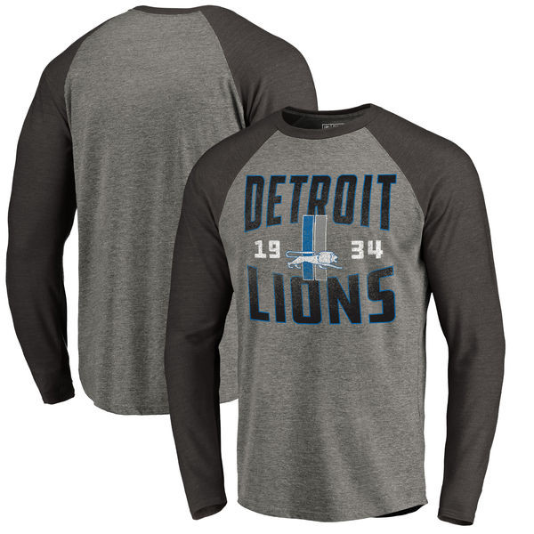 Detroit Lions NFL Pro Line by Fanatics Branded Timeless Collection Antique Stack Long Sleeve Tri Blend Raglan T Shirt Ash