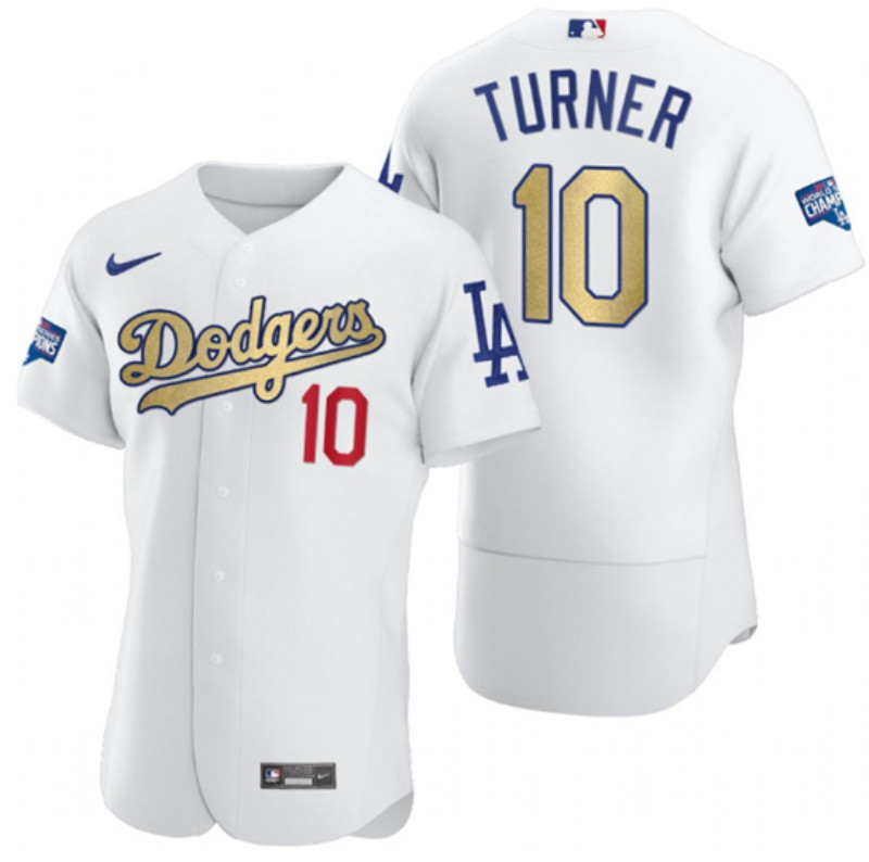 Dodgers 10 Justin Turner White Gold Nike 2020 World Series Champions Flexbase Jersey