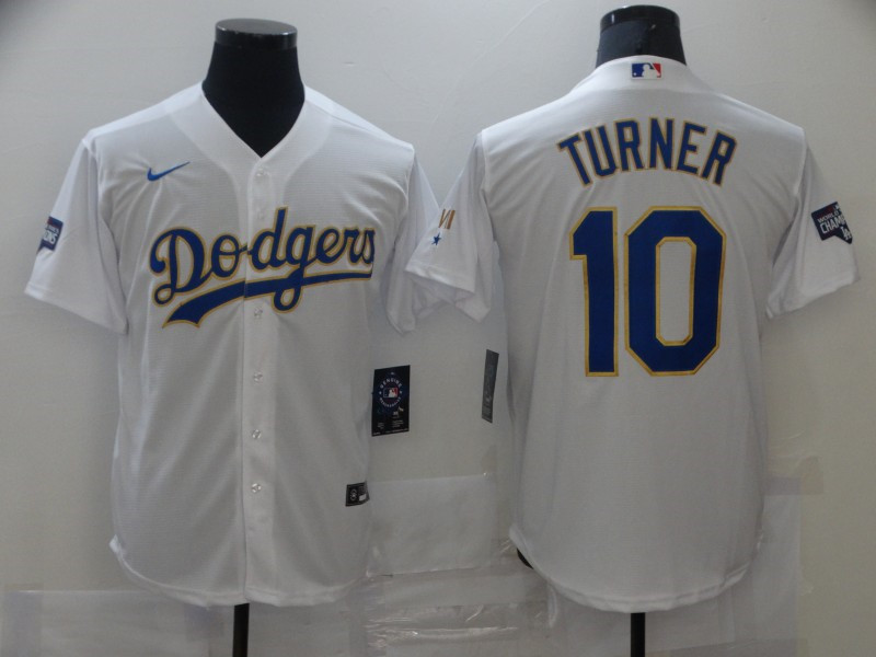 Dodgers 10 Justin Turner White Nike 2021 Gold Program Cool Base Jersey