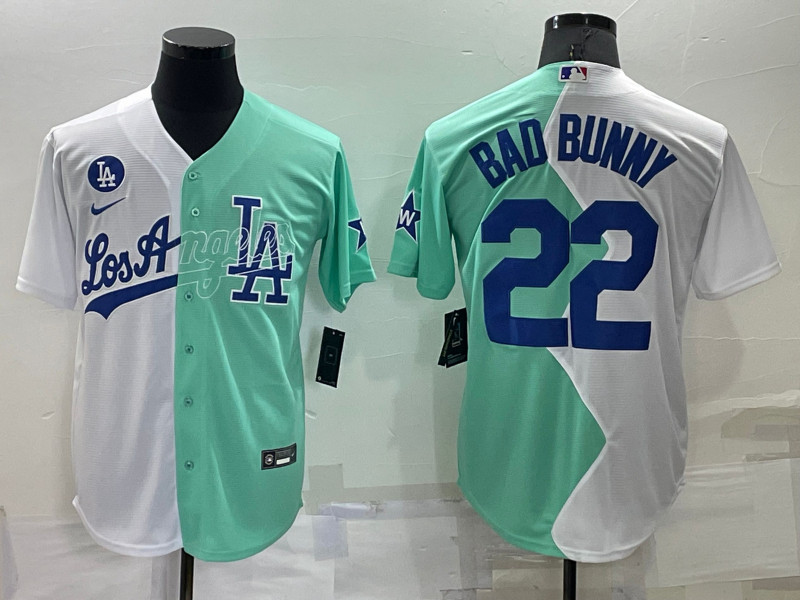 Dodgers 22 Bad Bunny White Green Nike Split 2022 MLB All Star Jersey