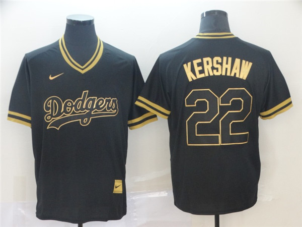 Dodgers 22 Clayton Kershaw Black Gold Nike Cooperstown Collection Legend V Neck Jersey