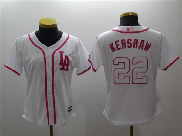 Dodgers 22 Clayton Kershaw White Pink Women Cool Base Jersey