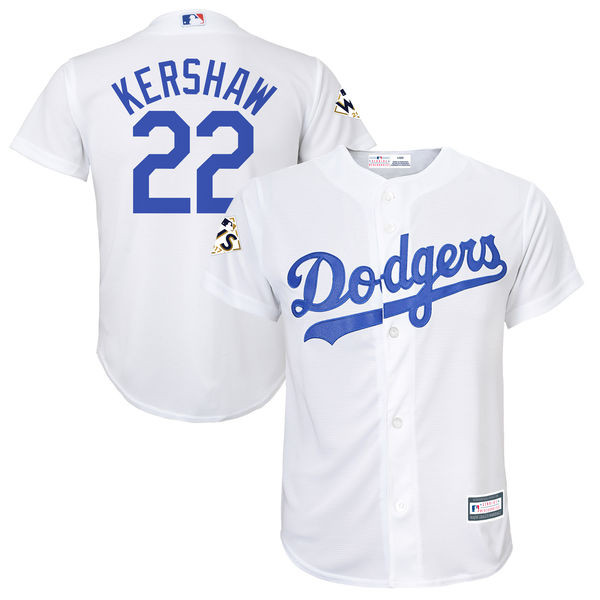 Dodgers 22 Clayton Kershaw White Youth 2017 World Series Bound Cool Base Player Jersey