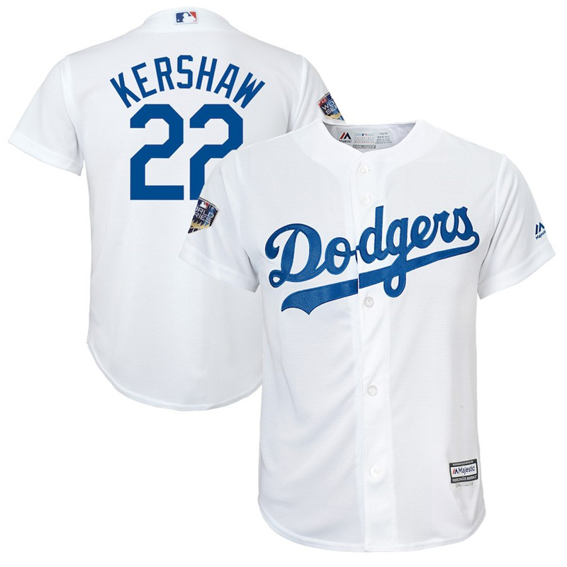 Dodgers 22 Clayton Kershaw White Youth 2018 World Series Cool Base Player Jersey
