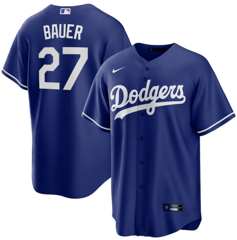 Dodgers 27 Trevor Bauer Royal Nike Cool Base Jersey