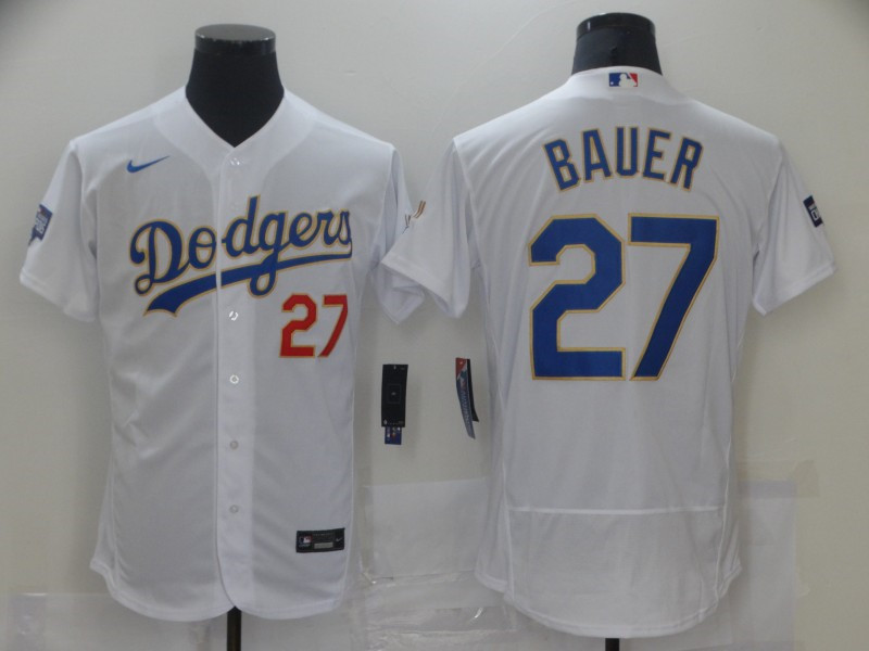 Dodgers 27 Trevor Bauer White Nike 2021 Gold Program Flexbase Jersey