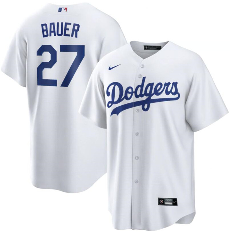 Dodgers 27 Trevor Bauer White Nike Cool Base Jersey