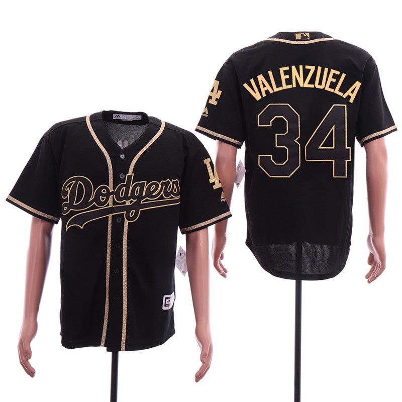 Dodgers 34 Fernando Valenzuela Black Gold Cool Base Jersey