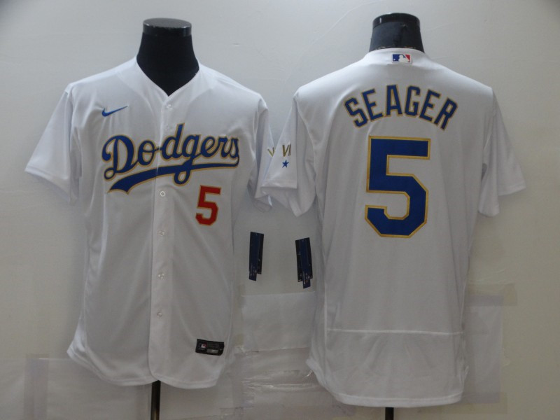 Dodgers 5 Corey Seager White Nike 2021 Gold Program Flexbase Jersey