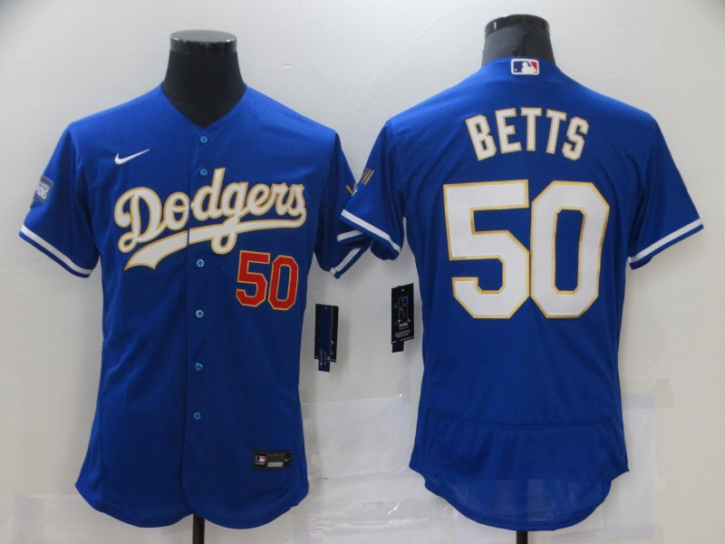 Dodgers 50 Mookie Betts Royal Nike 2021 Gold Program Flexbase Jersey