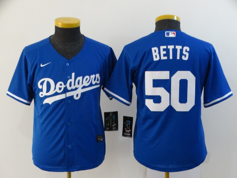 Dodgers 50 Mookie Betts Royal Youth 2020 Nike Cool Base Jersey