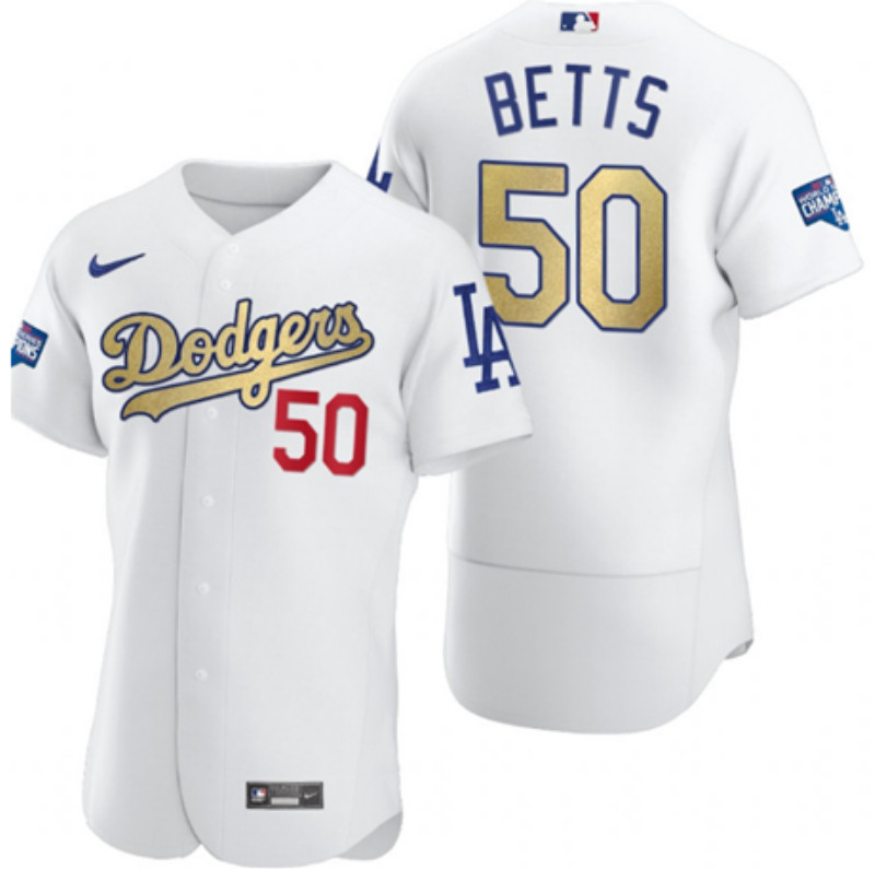 Dodgers 50 Mookie Betts White Gold Nike 2020 World Series Champions Cool Base Jersey