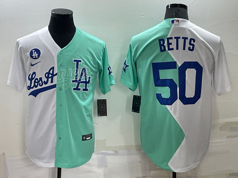 Dodgers 50 Mookie Betts White Green Nike Split 2022 MLB All Star Jersey