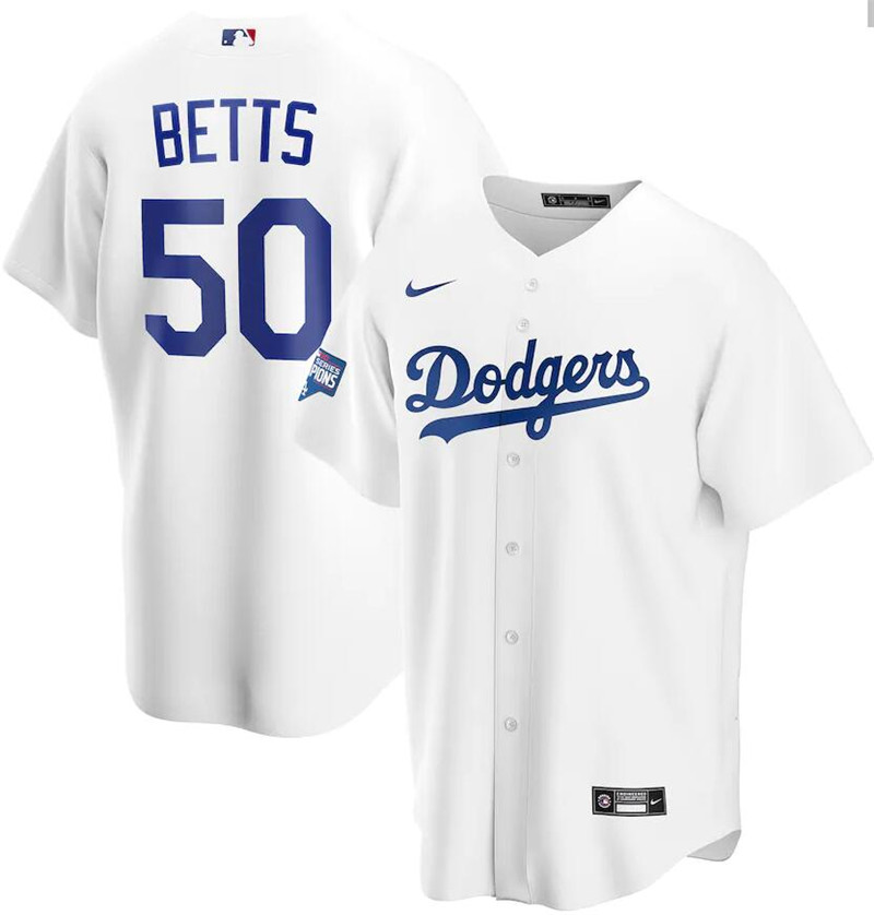 Dodgers 50 Mookie Betts White Nike 2020 World Series Champions Cool Base Jersey