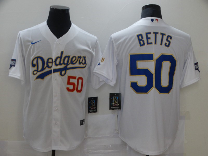 Dodgers 50 Mookie Betts White Nike 2021 Gold Program Cool Base Jersey