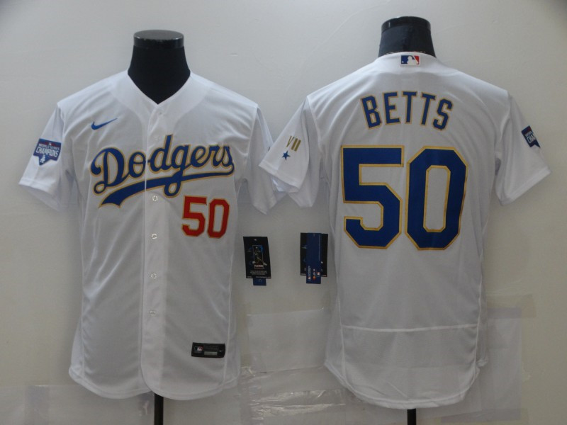 Dodgers 50 Mookie Betts White Nike 2021 Gold Program Flexbase Jersey