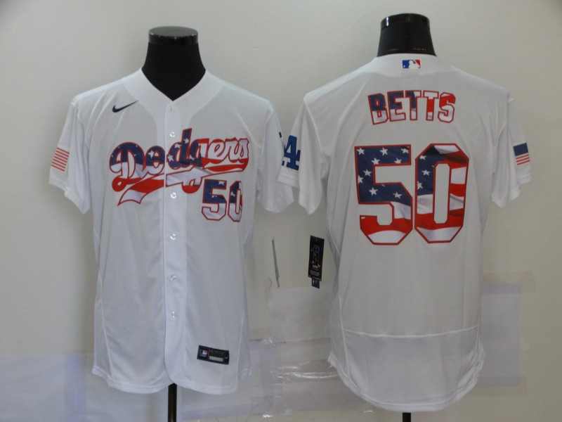 Dodgers 50 Mookie Betts White USA Flag Fashion Nike Flexbase Jersey