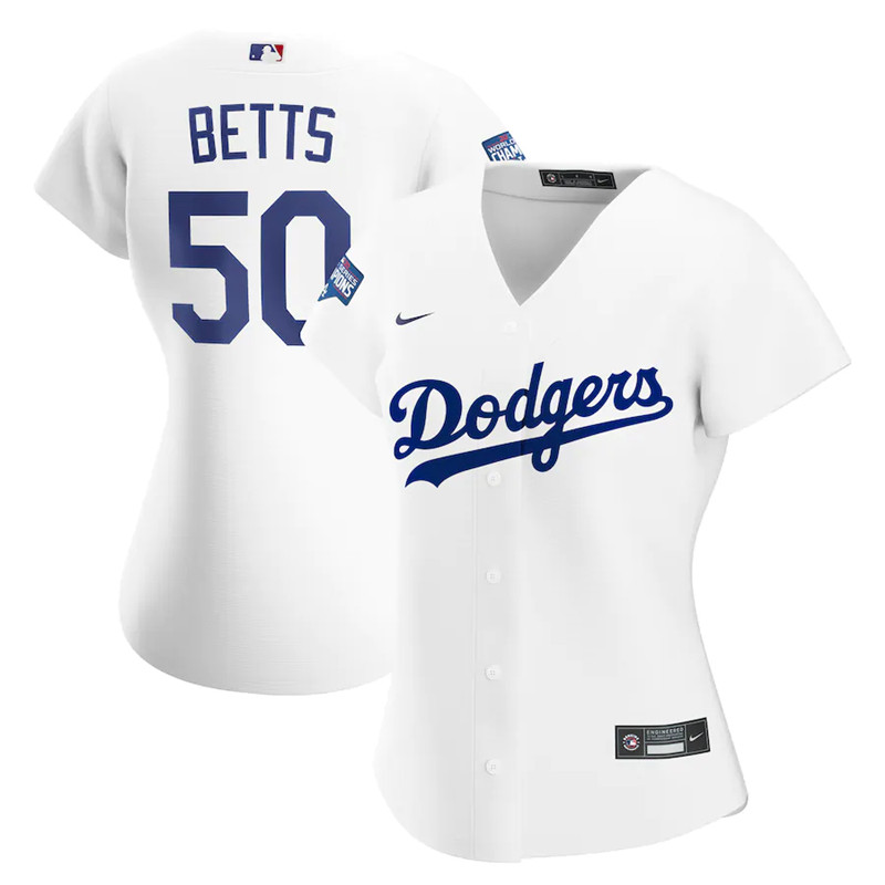 Dodgers 50 Mookie Betts White Women Nike 2020 World Series Champions Cool Base Jersey