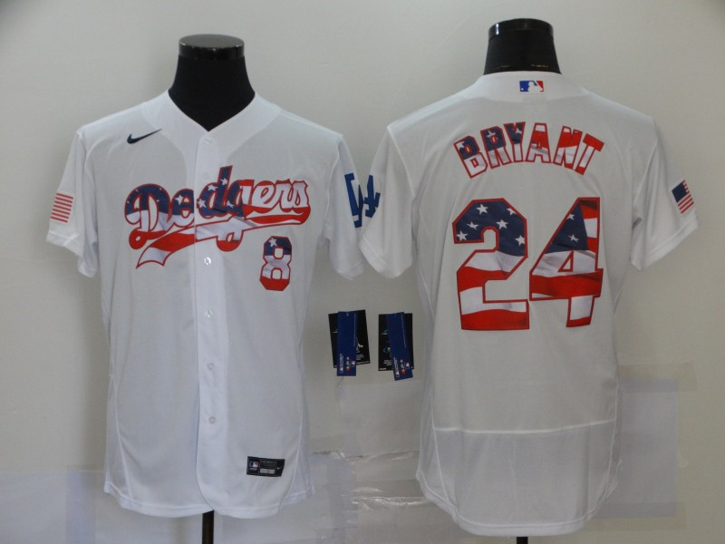 Dodgers 8 & 24 Kobe Bryant White USA Flag Fashion Nike Cool Base Jersey