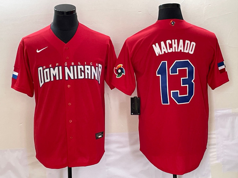 Dominican Republic 13 Manny Machado Red Nike 2023 World Baseball Classic Jersey