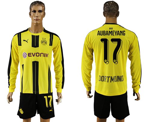 Dortmund 17 Aubameyang Home Long Sleeves Soccer Club Jersey