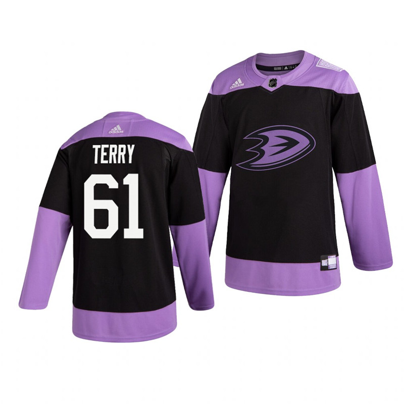 Ducks 61 Troy Terry Black Purple Hockey Fights Cancer Adidas Jersey