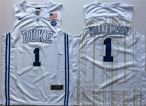 Duke Blue Devils 1 Zion Williamson White Elite Nike College Basketball Jersey
