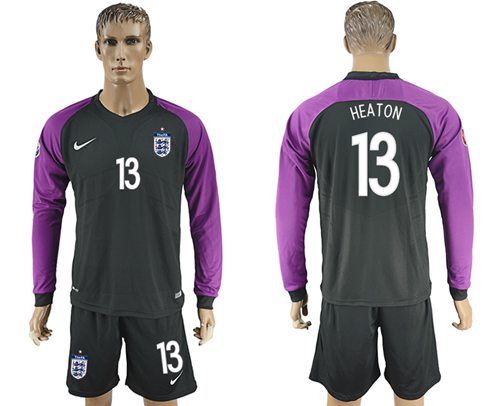England 13 Heaton Black Long Sleeves Goalkeeper Soccer Country Jersey