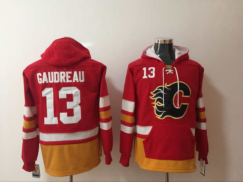 Flames 13 Johnny Gaudreau Red All Stitched Hooded Sweatshirt