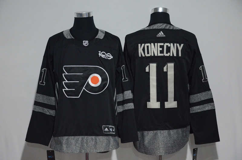 Flyers 11 Travis Konecny Black 100th Anniversary Season Jersey